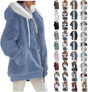 COTECRAM Winter Coats for Women 2023 Casual Plus Size Fleece Jacket Color Block Zip Up Hoodies Coat Outwear with Pockets