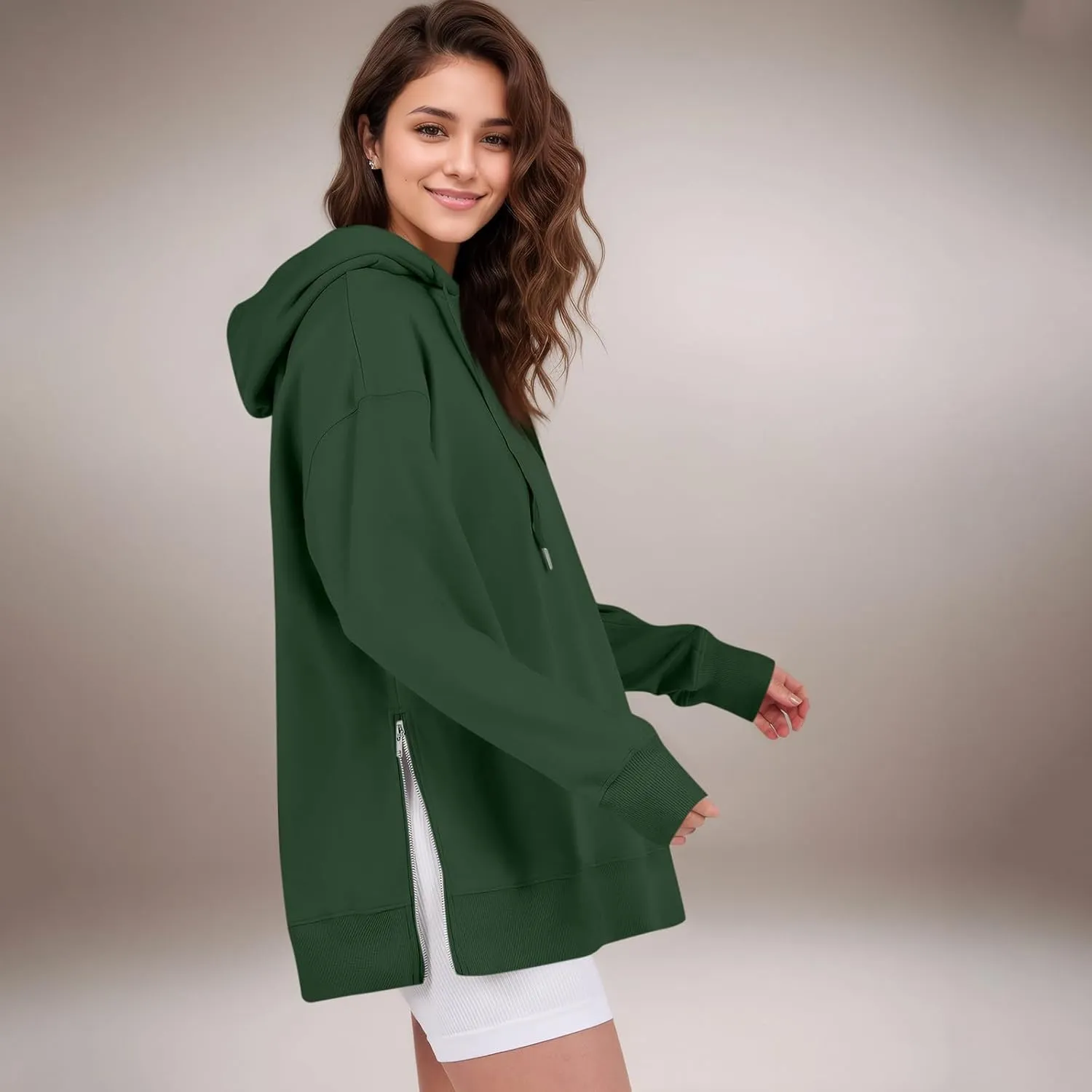 COTECRAM Women Oversized Hoodies Side Zipper Casual Sweatshirts Lightweight Tunic Pullover 2024 Fall Long Sleeve Shirts