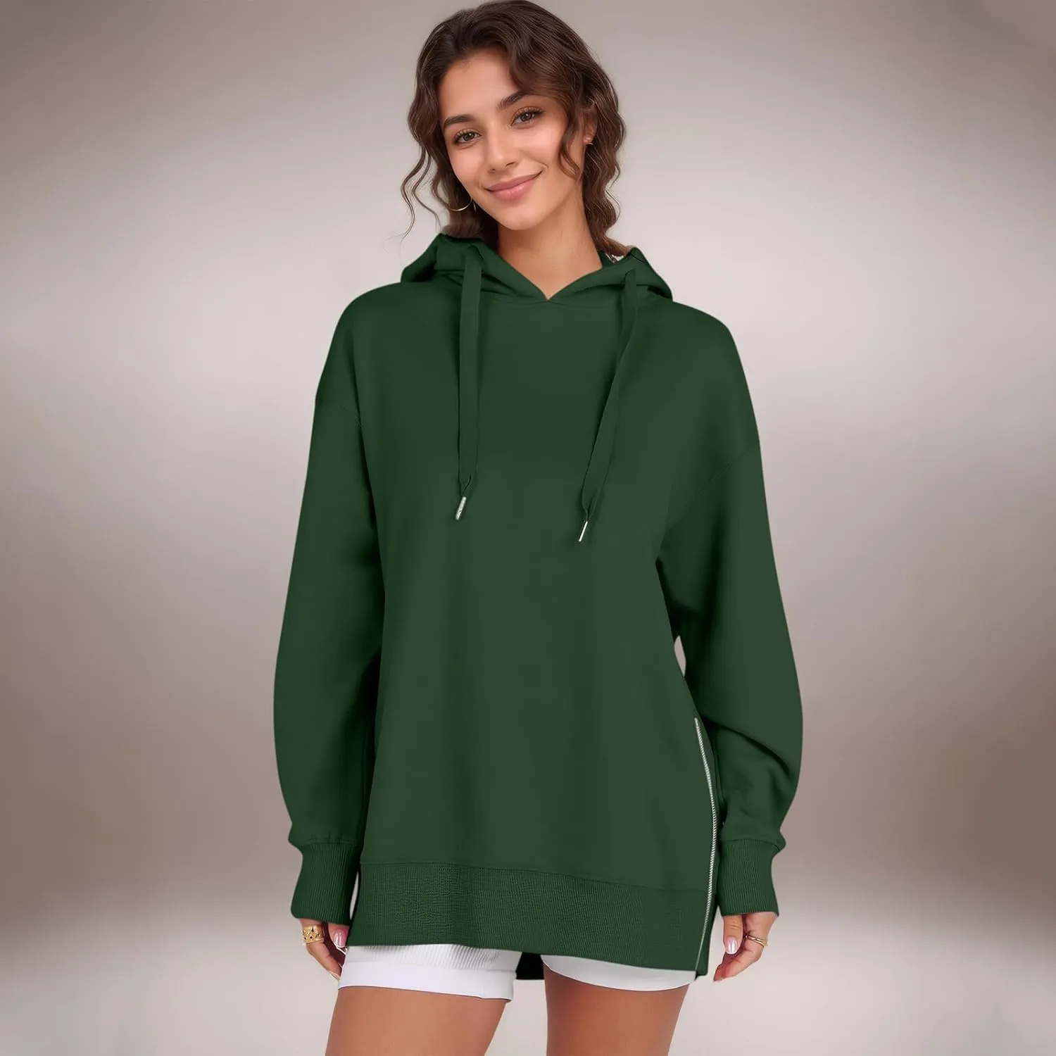 COTECRAM Women Oversized Hoodies Side Zipper Casual Sweatshirts Lightweight Tunic Pullover 2024 Fall Long Sleeve Shirts