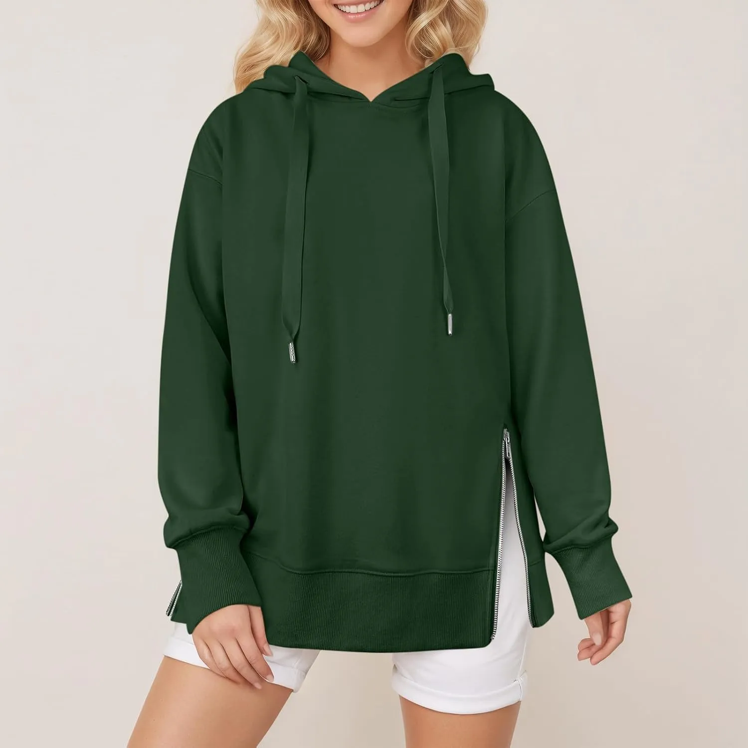 COTECRAM Women Oversized Hoodies Side Zipper Casual Sweatshirts Lightweight Tunic Pullover 2024 Fall Long Sleeve Shirts
