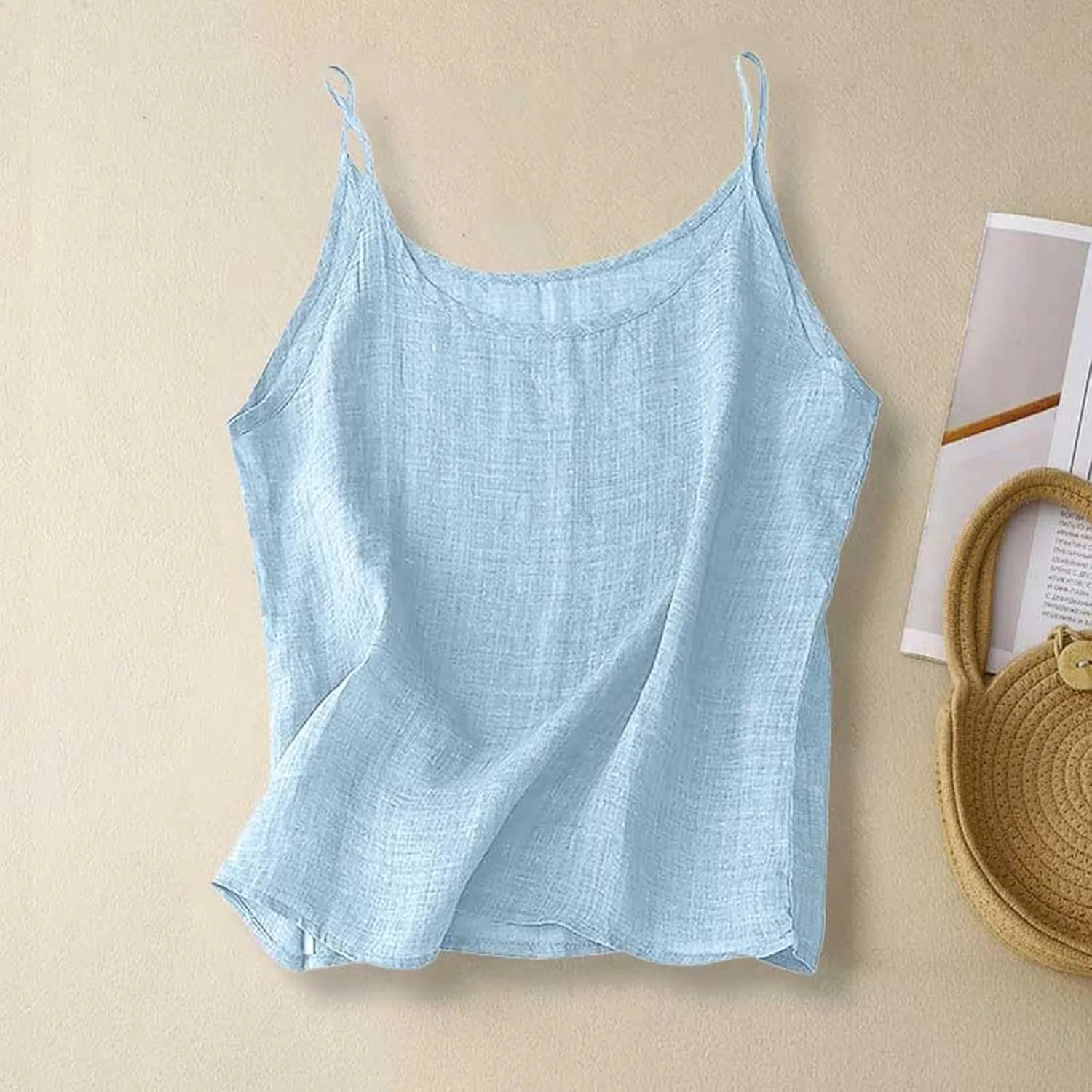 Cotton Linen Camisole Tops for Women Spaghetti Strap Loose Fit Tank Top Cami Summer Casual Sleeveless Gauze Shirts