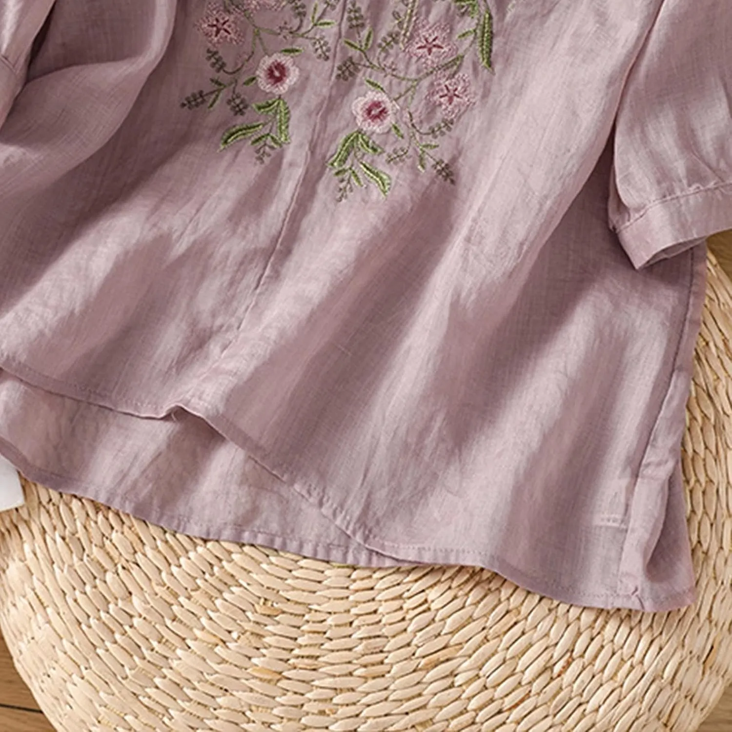 Cotton Linen Embroidery Blouse for Women Casual Crewneck Button Up Half Sleeve Shirts Boho Floral Loose Fit Tunic Tops