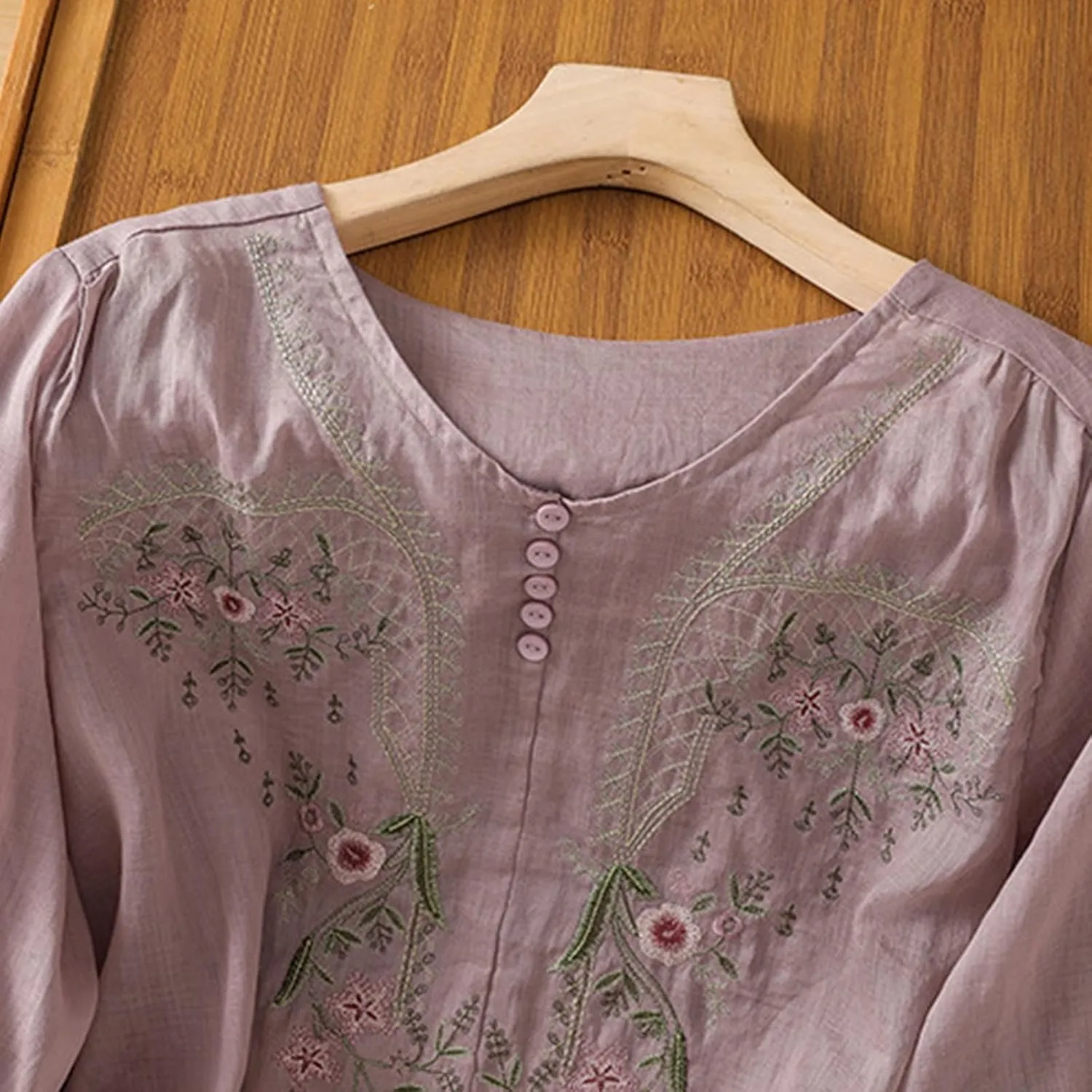 Cotton Linen Embroidery Blouse for Women Casual Crewneck Button Up Half Sleeve Shirts Boho Floral Loose Fit Tunic Tops