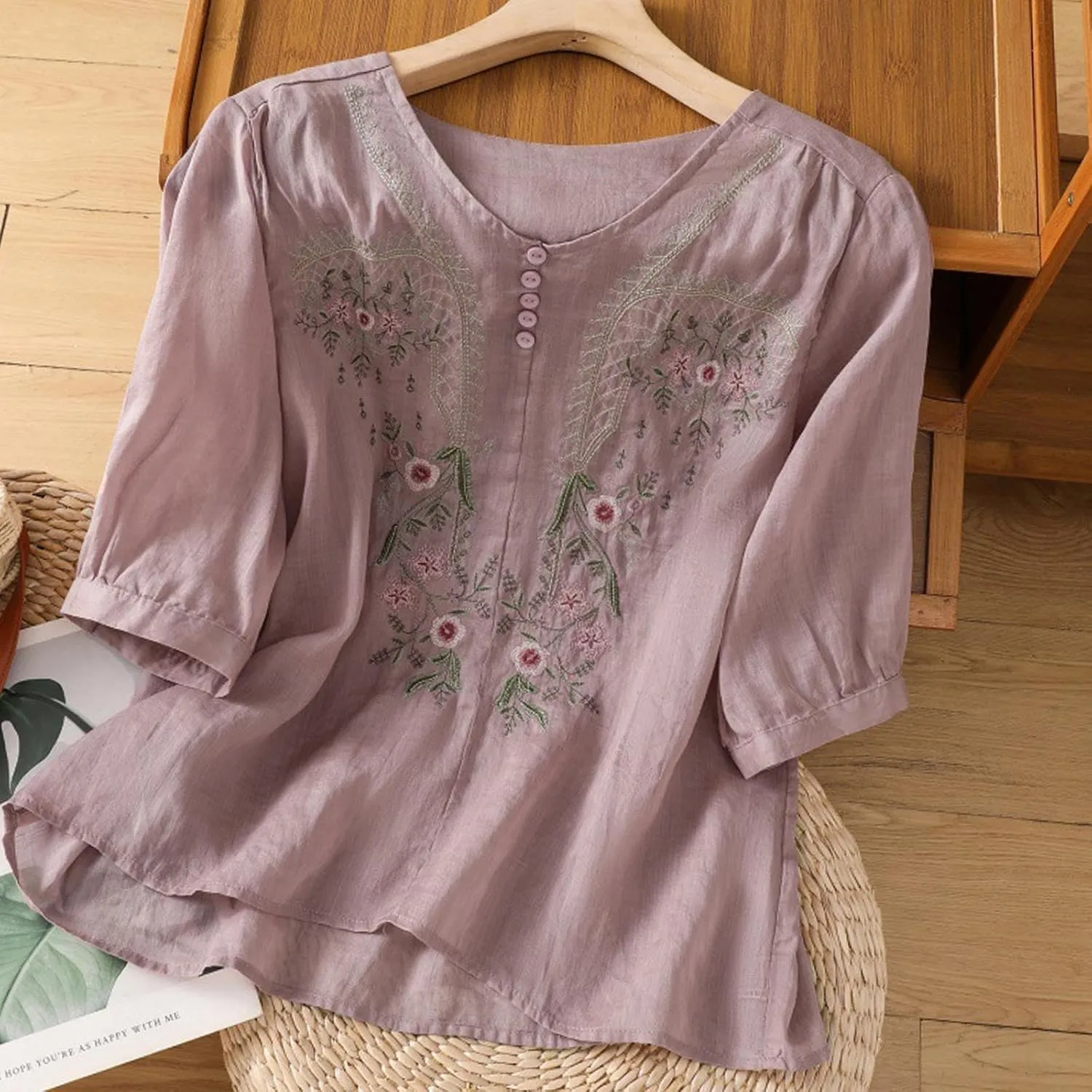 Cotton Linen Embroidery Blouse for Women Casual Crewneck Button Up Half Sleeve Shirts Boho Floral Loose Fit Tunic Tops