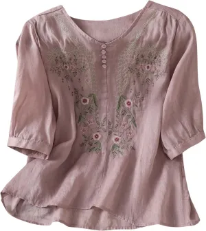 Cotton Linen Embroidery Blouse for Women Casual Crewneck Button Up Half Sleeve Shirts Boho Floral Loose Fit Tunic Tops