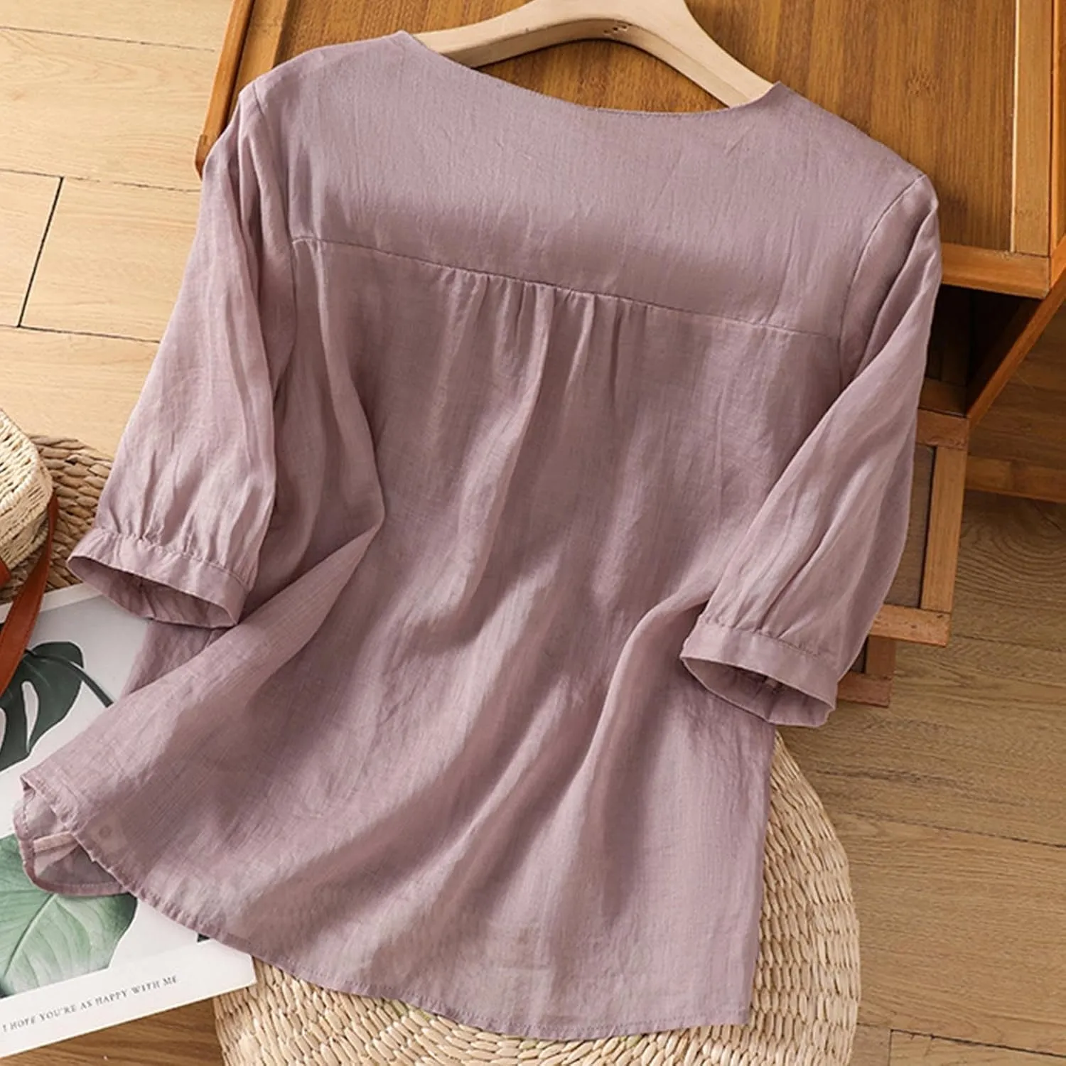 Cotton Linen Embroidery Blouse for Women Casual Crewneck Button Up Half Sleeve Shirts Boho Floral Loose Fit Tunic Tops