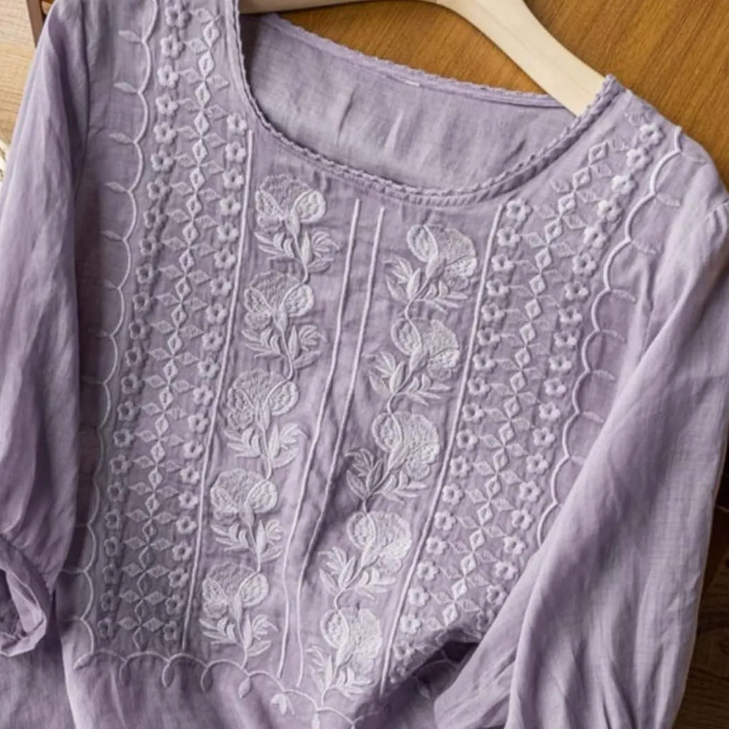 Cotton Linen Shirts for Women 2025 Trendy Summer Retro Embroidered 3/4 Sleeve Boho Blouse Dressy Casual Vacation Top