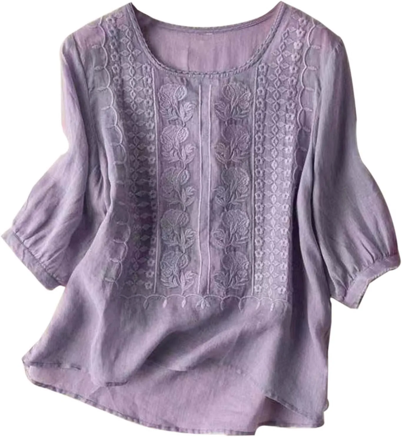 Cotton Linen Shirts for Women 2025 Trendy Summer Retro Embroidered 3/4 Sleeve Boho Blouse Dressy Casual Vacation Top