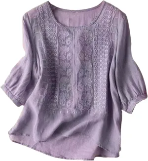 Cotton Linen Shirts for Women 2025 Trendy Summer Retro Embroidered 3/4 Sleeve Boho Blouse Dressy Casual Vacation Top