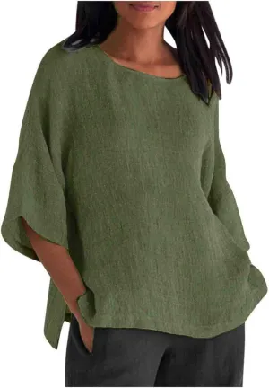Cotton Linen Tops for Women Loose Fit Boho Solid Tunic Tops 2024 Summer Casual Elbow Sleeve Side Slit Blouse, Beige