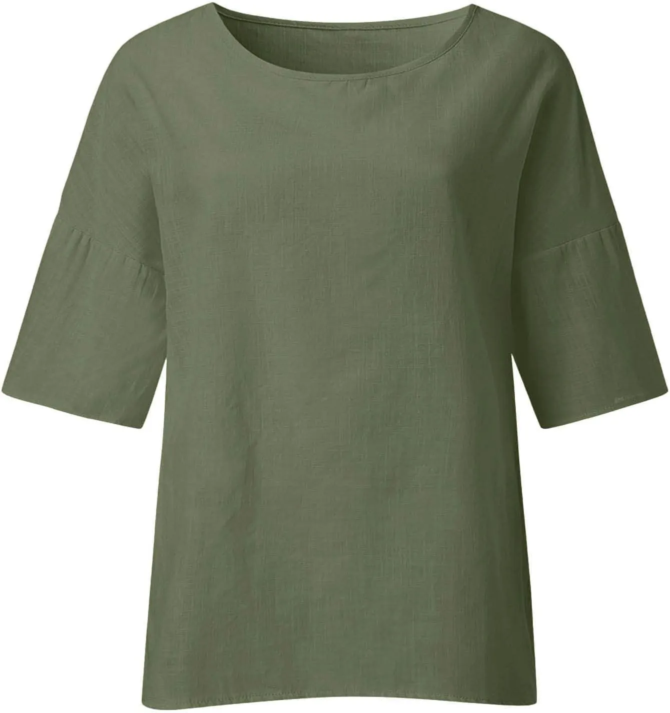 Cotton Linen Tops for Women Loose Fit Boho Solid Tunic Tops 2024 Summer Casual Elbow Sleeve Side Slit Blouse, Beige
