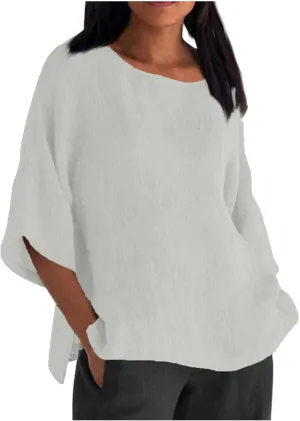 Cotton Linen Tops for Women Loose Fit Boho Solid Tunic Tops 2024 Summer Casual Elbow Sleeve Side Slit Blouse, Beige