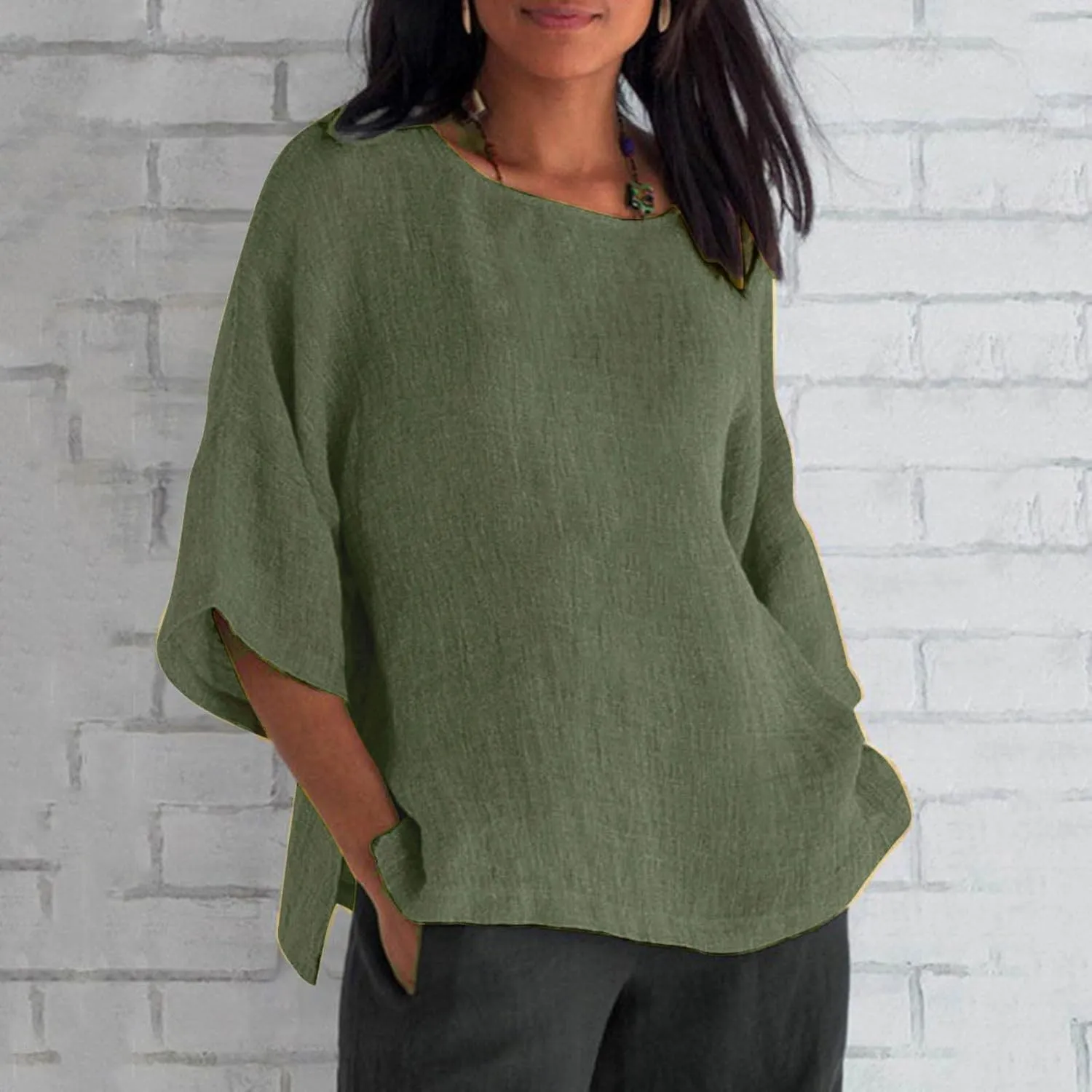 Cotton Linen Tops for Women Loose Fit Boho Solid Tunic Tops 2024 Summer Casual Elbow Sleeve Side Slit Blouse, Beige