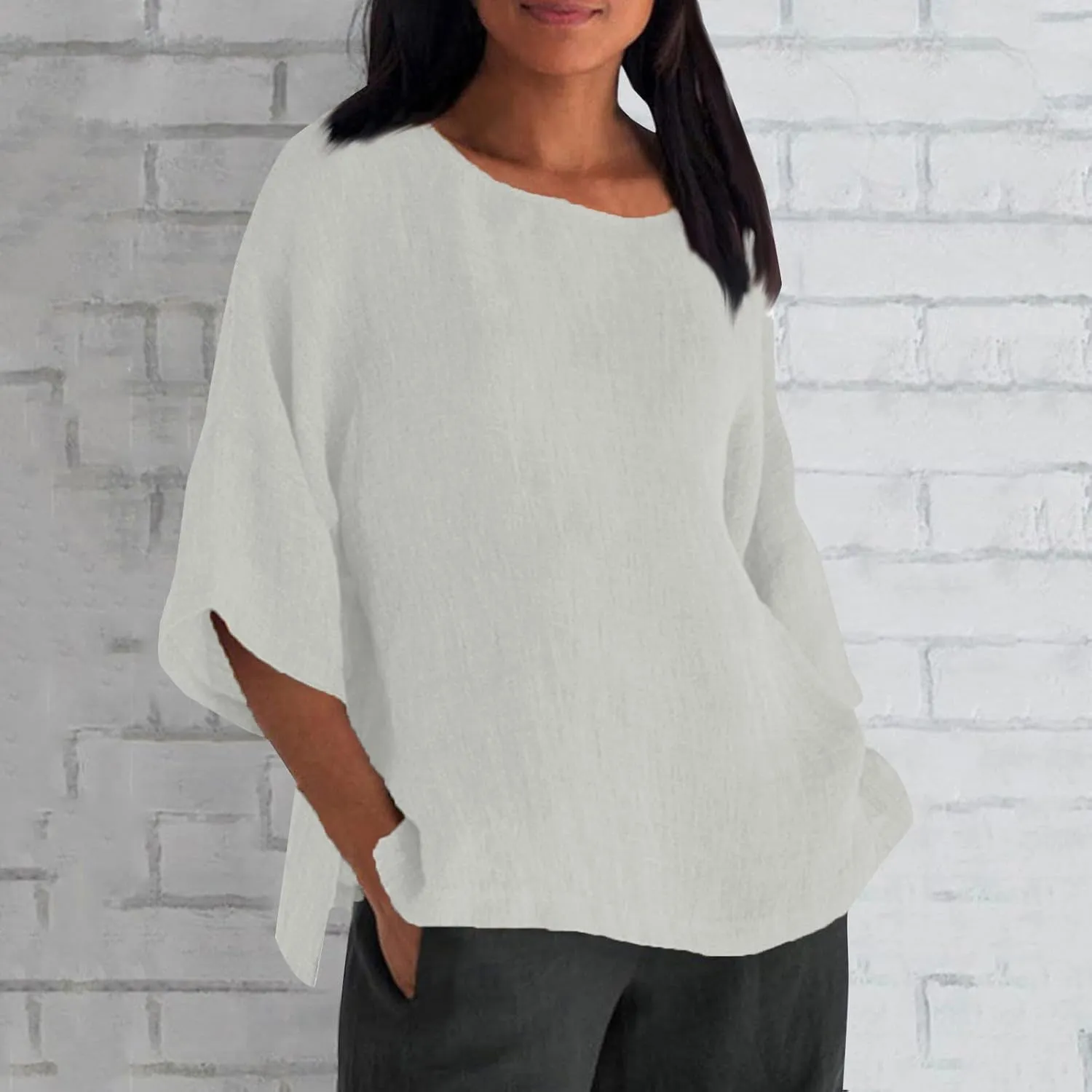 Cotton Linen Tops for Women Loose Fit Boho Solid Tunic Tops 2024 Summer Casual Elbow Sleeve Side Slit Blouse, Beige