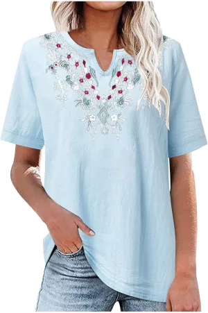 Cotton Shirts for Women Fashion Embroidery Short Sleeve Tops Casual Loose Fit Summer Blouses Comfy Size T-Shirts