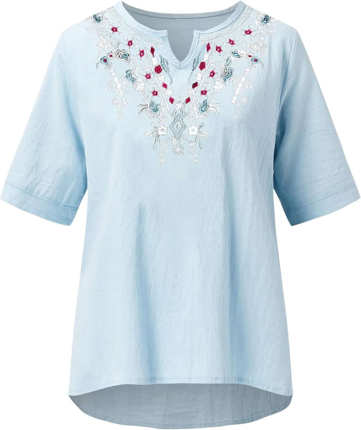 Cotton Shirts for Women Fashion Embroidery Short Sleeve Tops Casual Loose Fit Summer Blouses Comfy Size T-Shirts