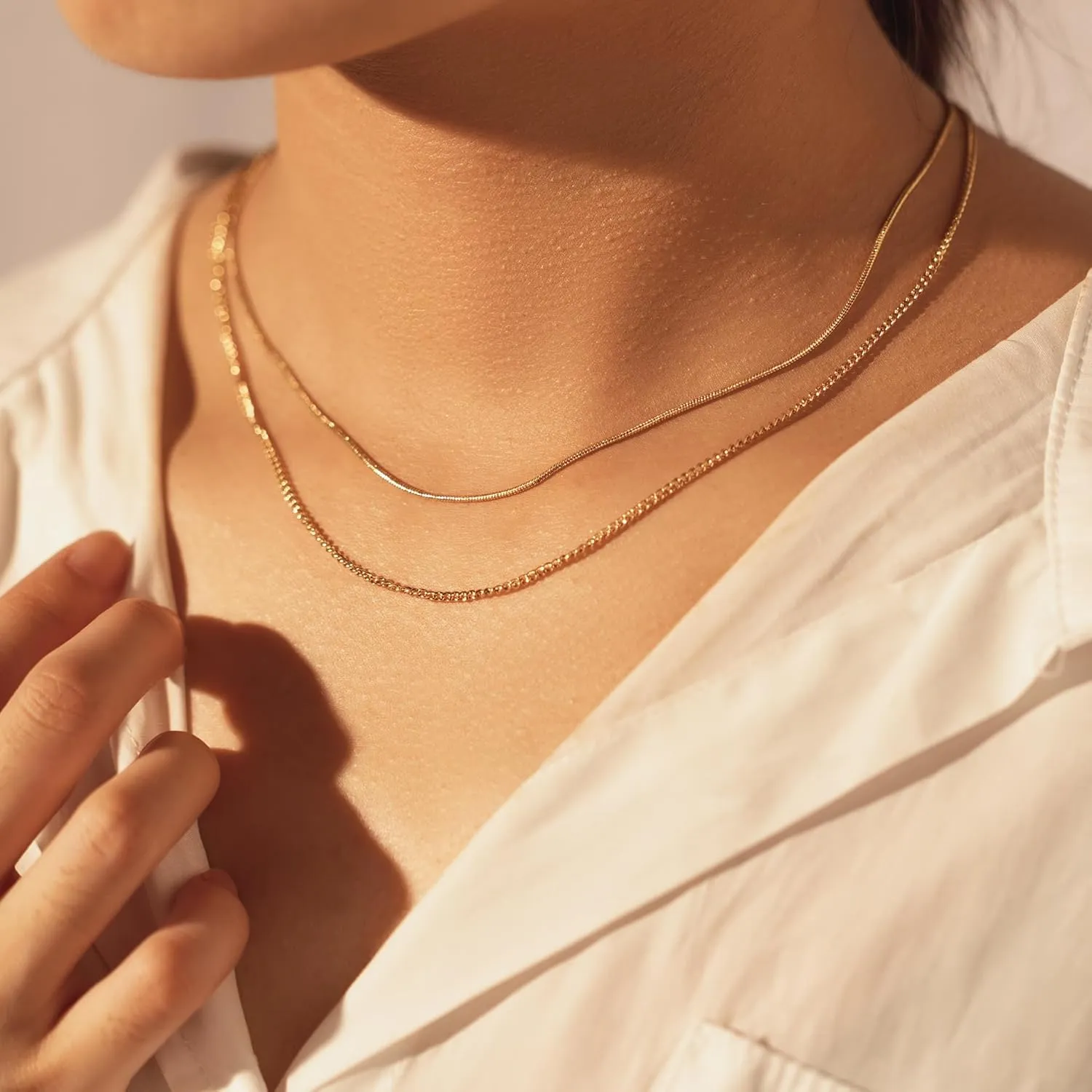 Cowlyn Herringbone Flat Snake Necklace,14K Gold Plated Satellite Bead Choker Layered Chain Necklaces for Women Girl Gifts Dainty Jewelry