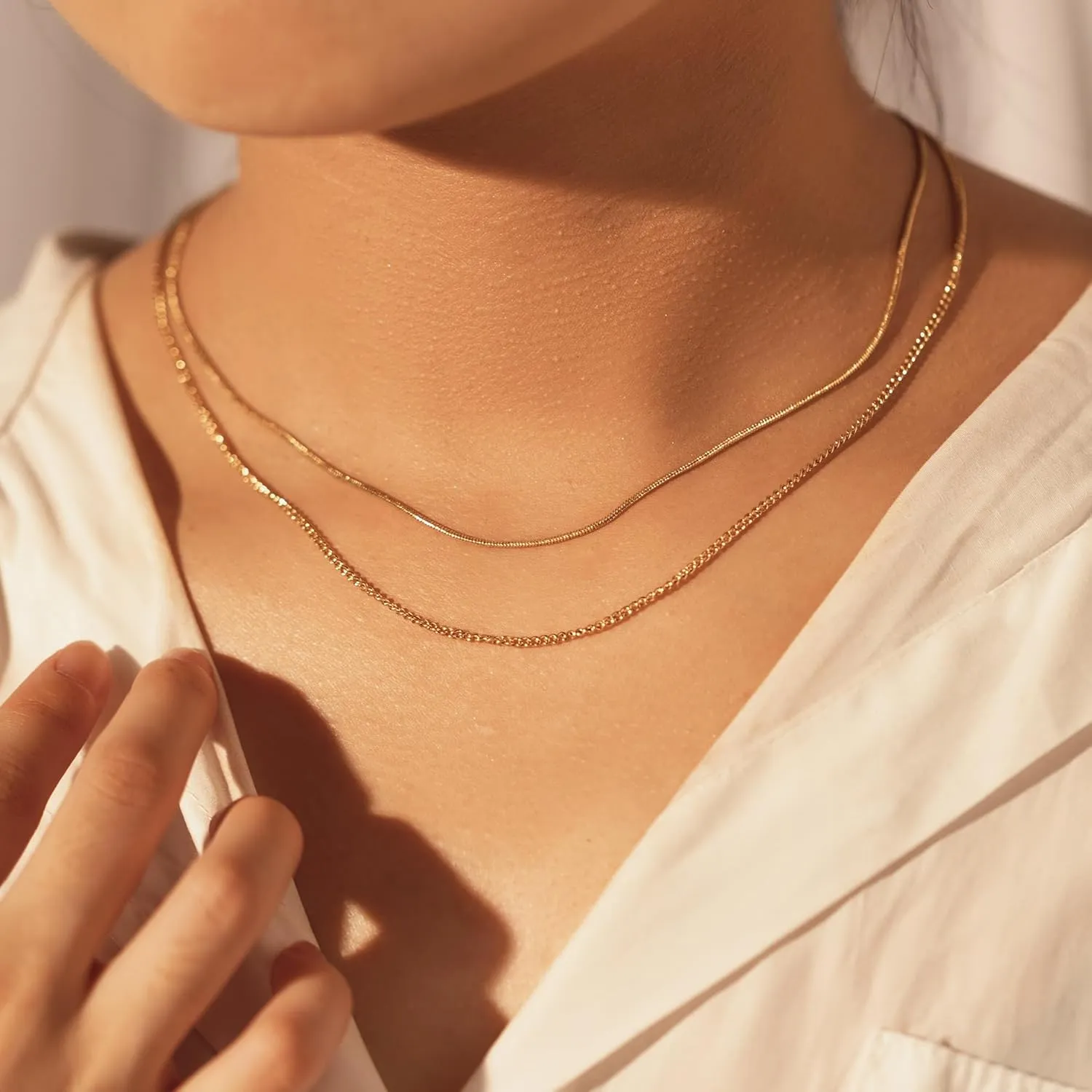 Cowlyn Herringbone Flat Snake Necklace,14K Gold Plated Satellite Bead Choker Layered Chain Necklaces for Women Girl Gifts Dainty Jewelry
