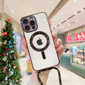 Crossbody Strap Cord Phone Cases for iPhone 15 11 12 13 14 Pro Max Plus Plating Lanyard Shockproof Silicone Cover,Black,for iPhone 11