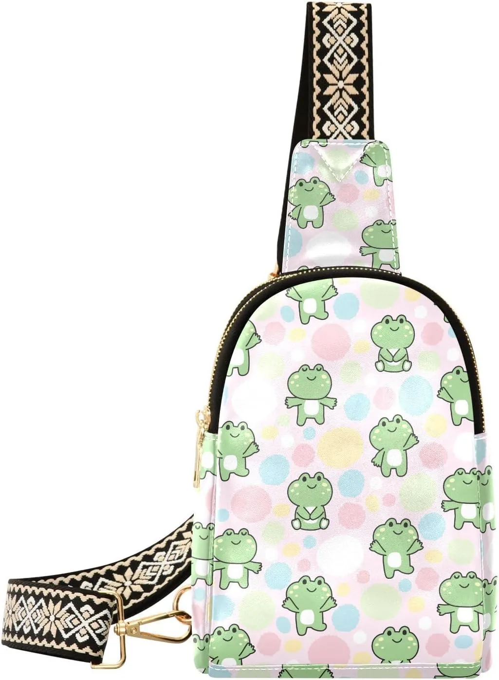 Cute Frog in Various Poses Fanny Pack Crossbody PC Leather Small Sling Bag for Women Colorful Circle Fashion Waist Packs Chest Bag for Travel Sports Running Hiking