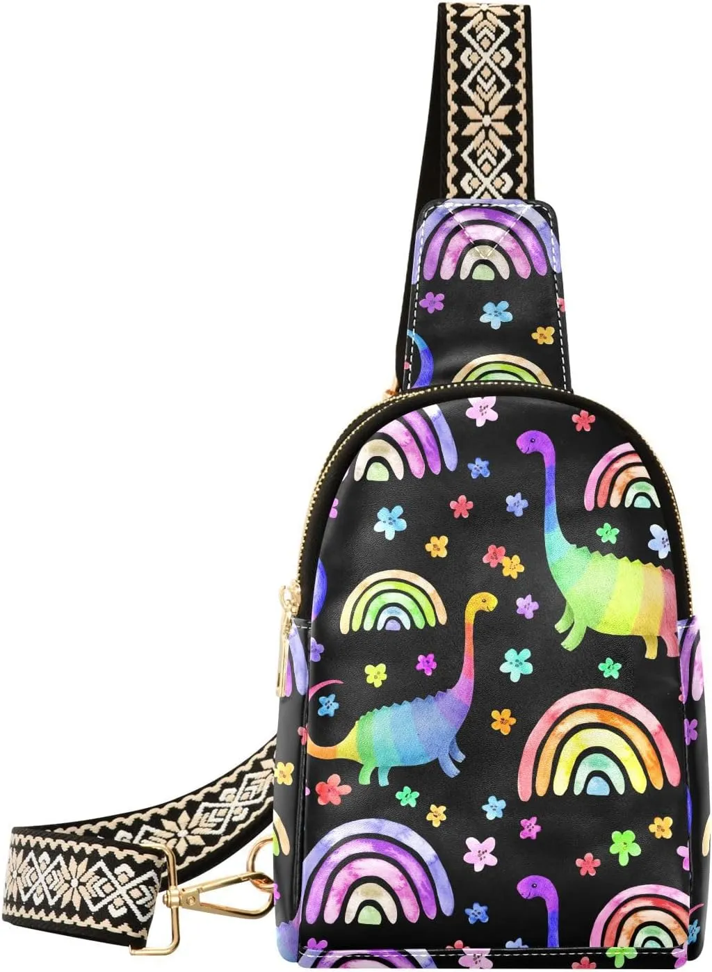 Cute Rainbow Dinosaur Fanny Pack Crossbody PC Leather Small Sling Bag for Women Dino Floral Fashion Waist Packs Chest Bag for Travel Sports Running Hiking