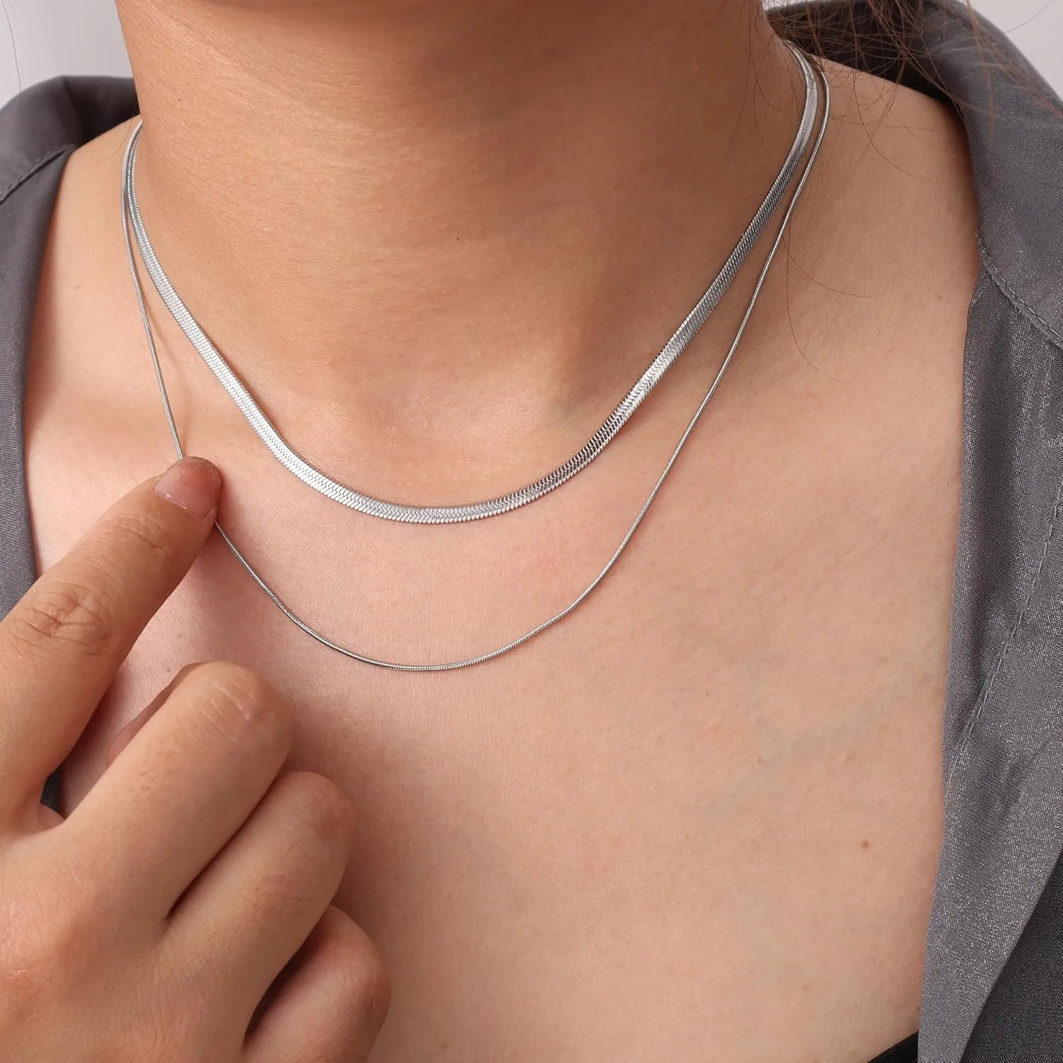 Dainty Ladies 18K Gold Plated Layered Herringbone Necklaces for Women Minimalist Stainless Steel Snake Chain Choker Necklace Waterproof Jewelry Gifts