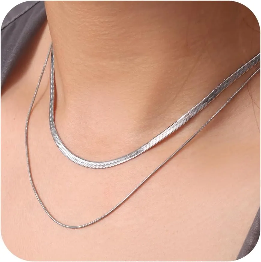 Dainty Ladies 18K Gold Plated Layered Herringbone Necklaces for Women Minimalist Stainless Steel Snake Chain Choker Necklace Waterproof Jewelry Gifts