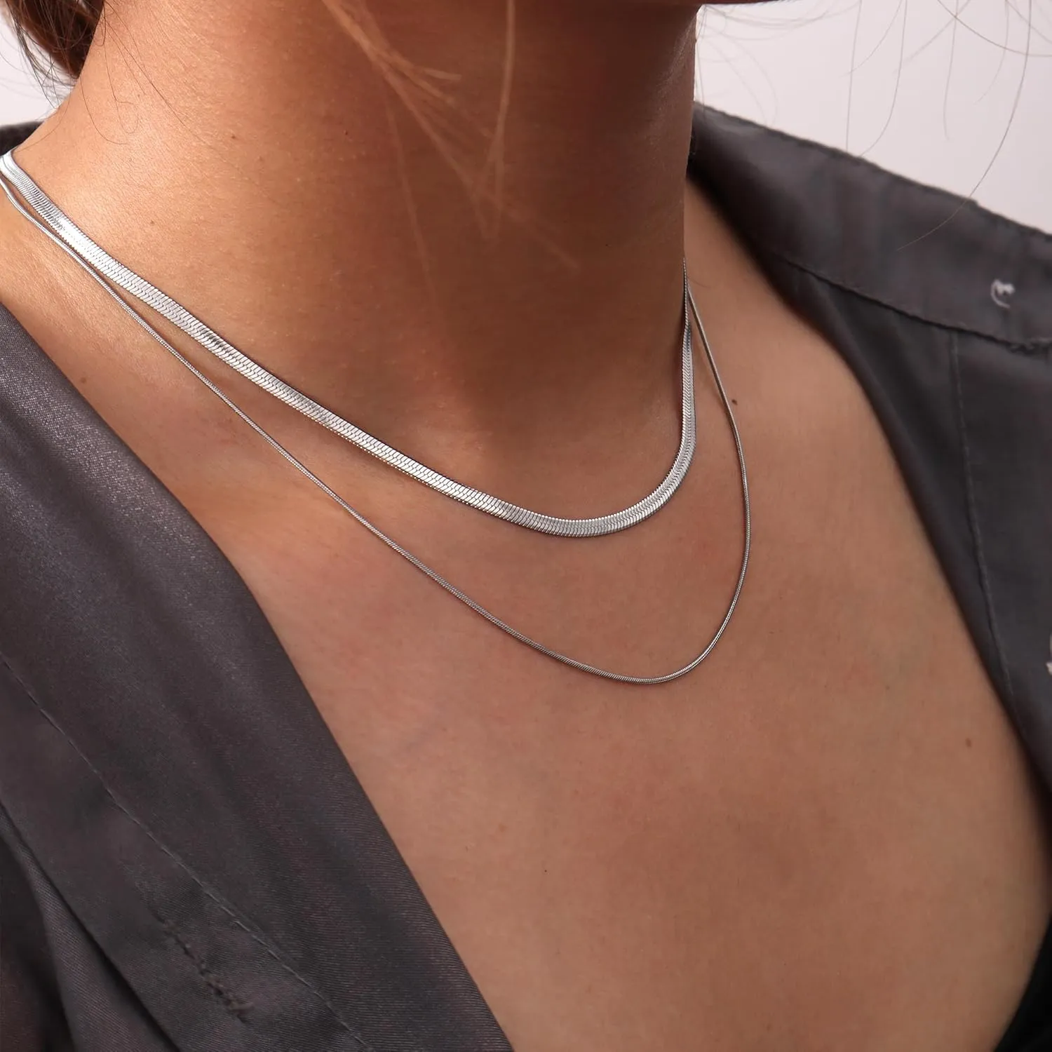 Dainty Ladies 18K Gold Plated Layered Herringbone Necklaces for Women Minimalist Stainless Steel Snake Chain Choker Necklace Waterproof Jewelry Gifts