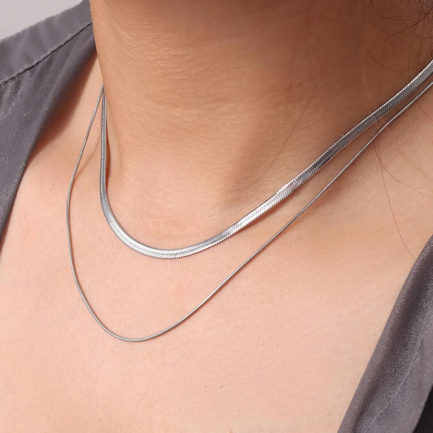 Dainty Ladies 18K Gold Plated Layered Herringbone Necklaces for Women Minimalist Stainless Steel Snake Chain Choker Necklace Waterproof Jewelry Gifts