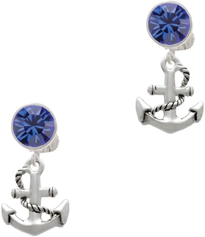 Delight Jewelry Silvertone Antiqued Anchor - Blue Crystal Clip on Earrings