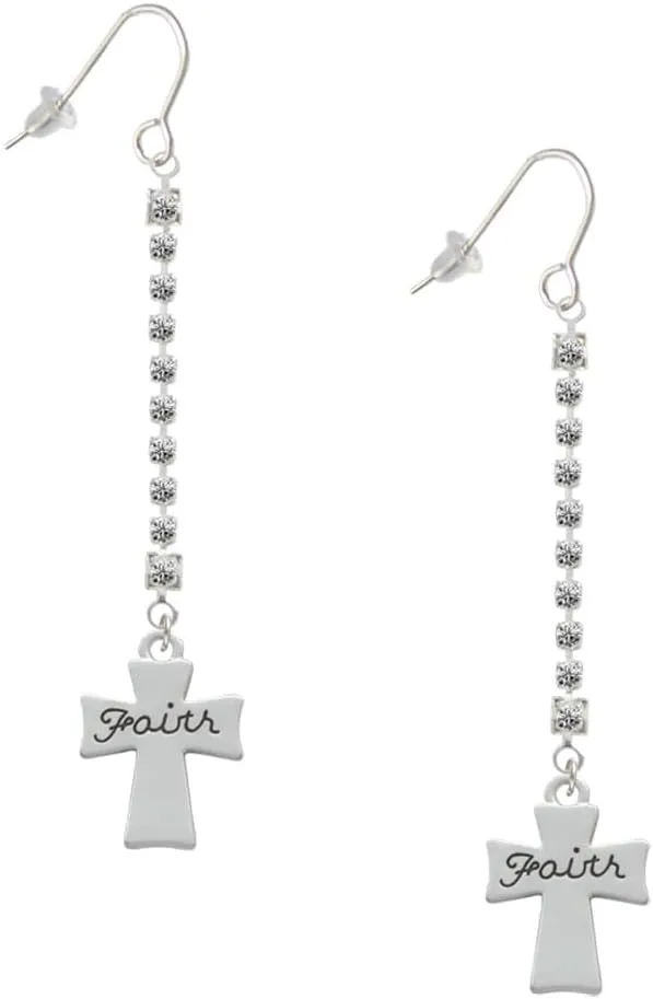 Delight Jewelry Silvertone Faith Flat Cross Silver-tone Long Sparkle Dangle French Earrings