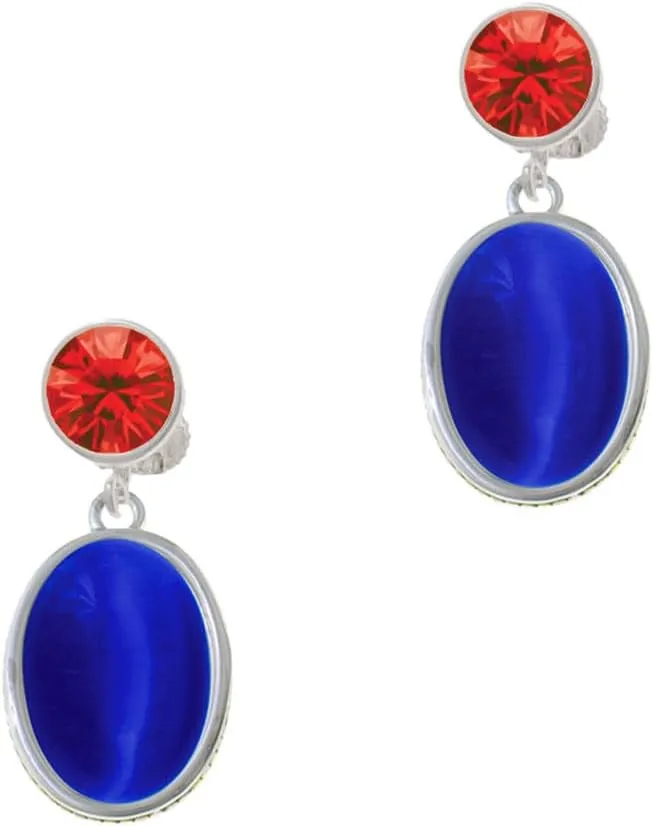 Delight Jewelry Silvertone Small Blue Imitation Cat's Eye - Large Crystal Clip on Earrings