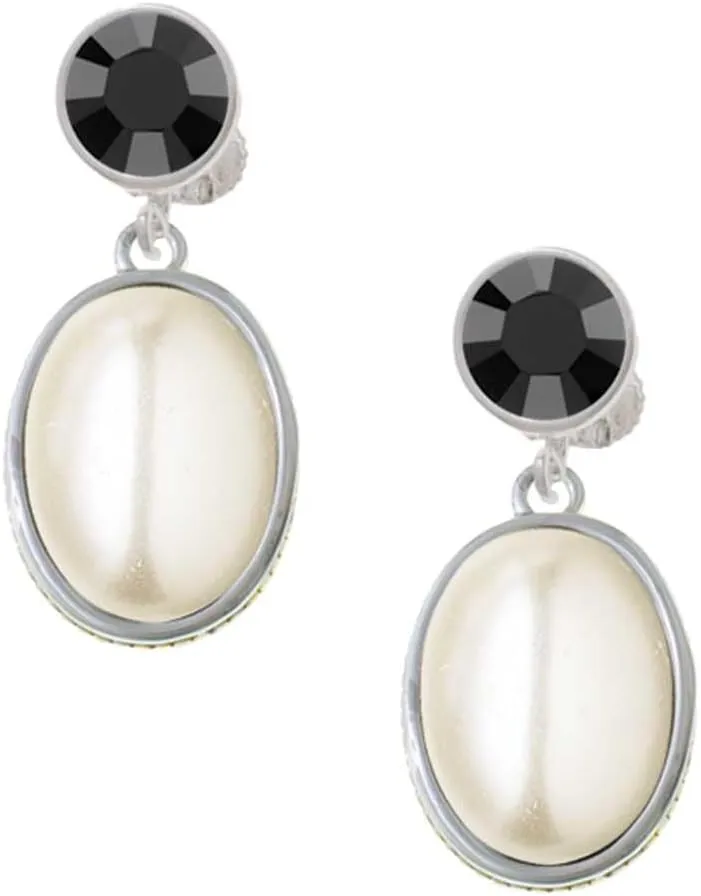 Delight Jewelry Silvertone Small Cream Imitation Pearl - Large Crystal Clip on Earrings