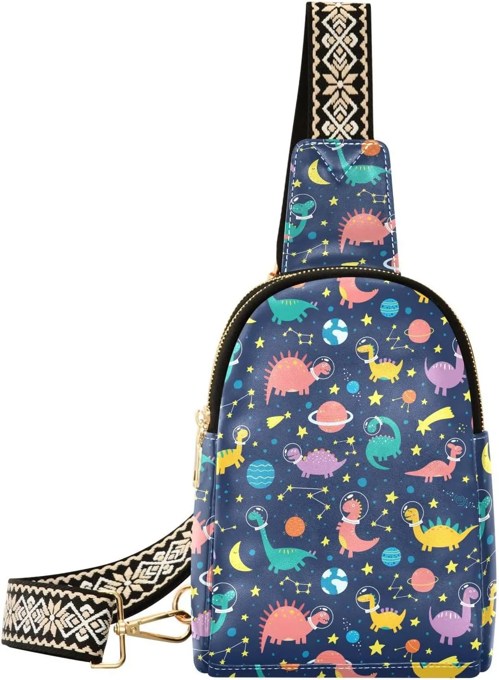 Dinosaur Astronaut Fanny Pack Crossbody PC Leather Small Sling Bag for Women Space Planet Dino Fashion Waist Packs Chest Bag for Travel Sports Running Hiking