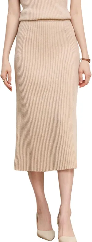ebossy Long Wool Skirt for Women Casual High Waisted Winter Rib Knitted Stretch Bodycon Pencil Skirts