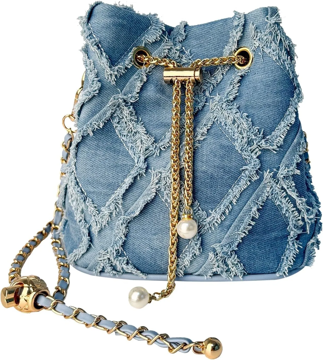 Eiyye Denim Purse Bucket Bags for Women Jean Purses Shoulder Bag Denim Crossbody Bags Drawstring with Chain Strap Blue