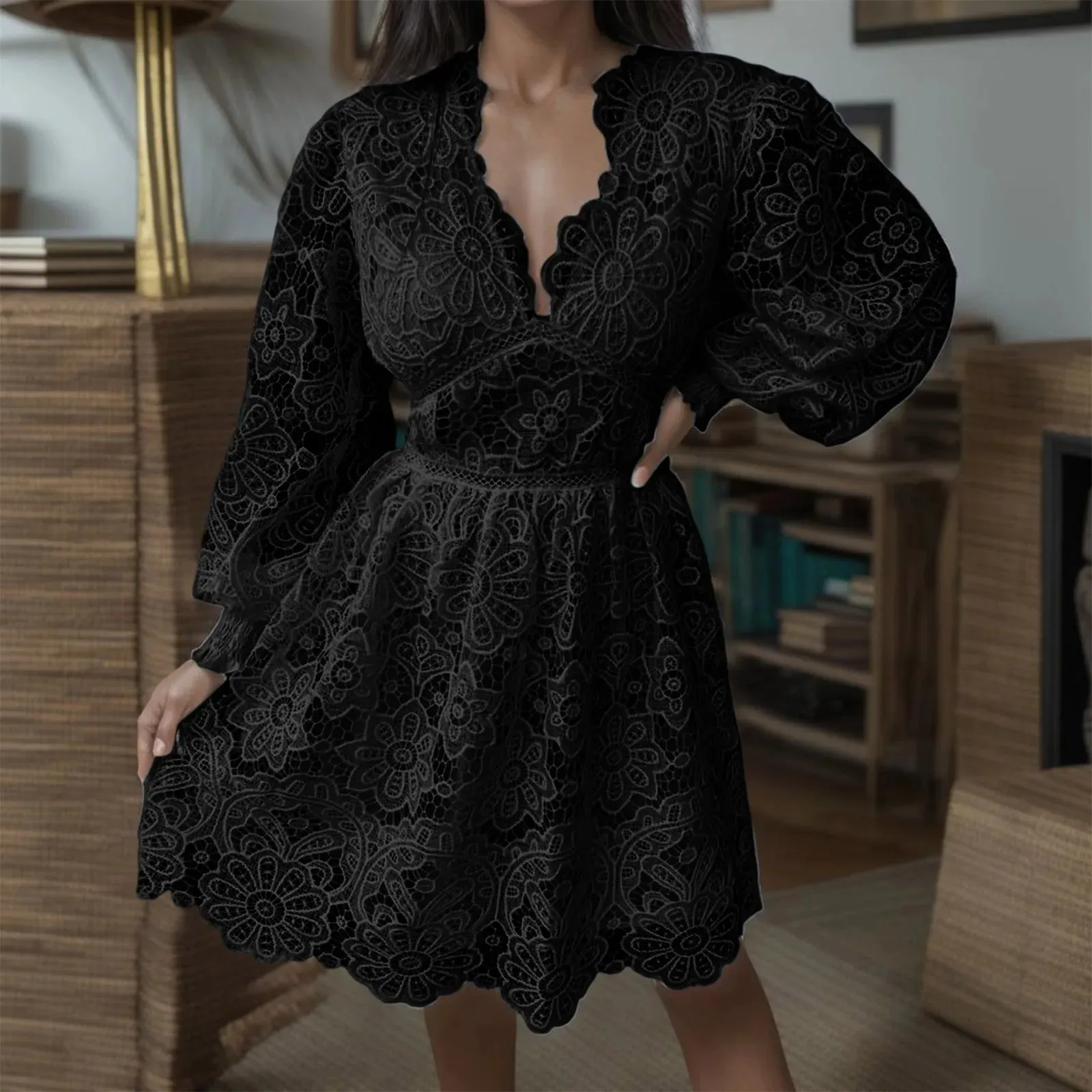 Embroidery Hollow Solid Short-sleeve O-neck Summer Casual Office Ladies Casual Elegant Dress
