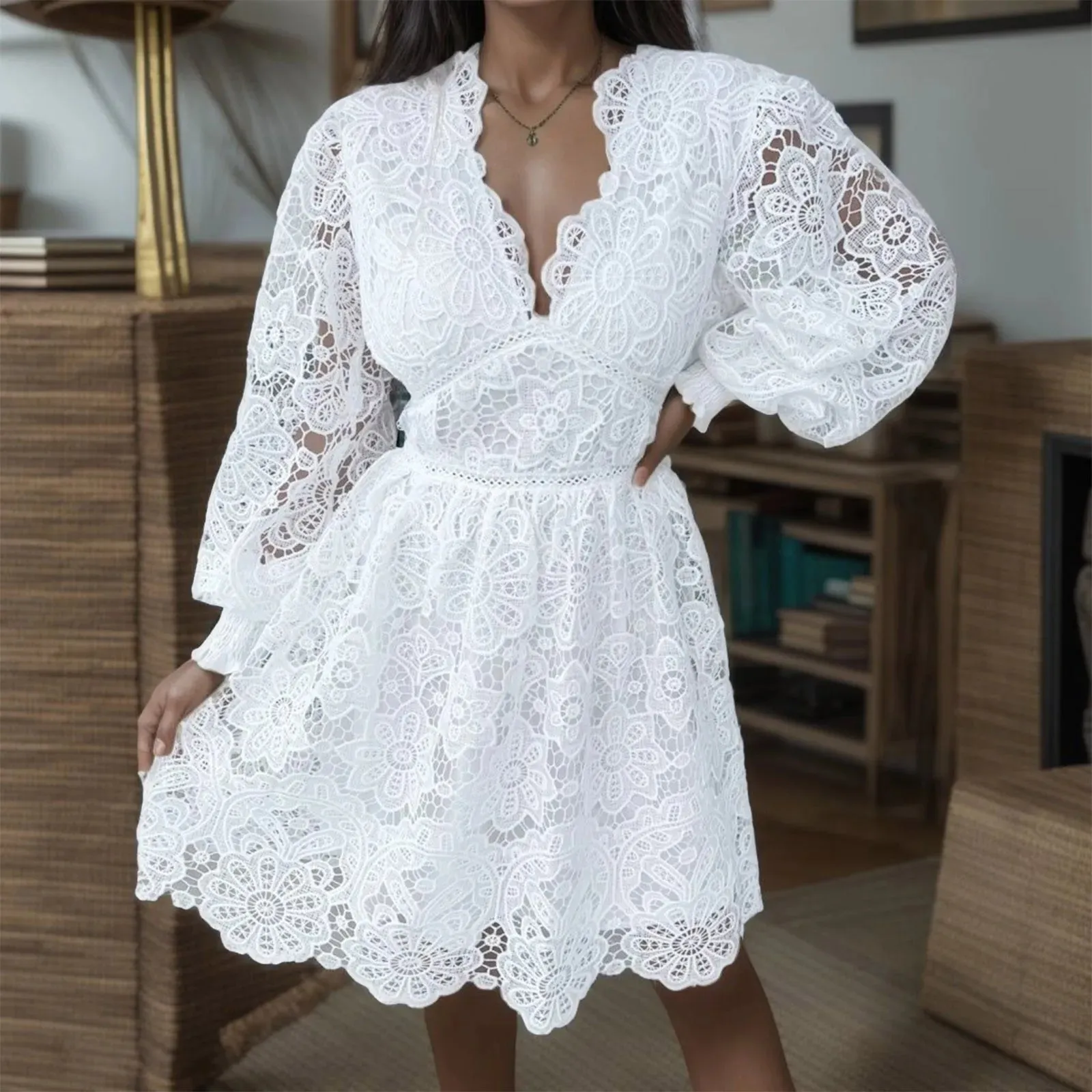 Embroidery Hollow Solid Short-sleeve O-neck Summer Casual Office Ladies Casual Elegant Dress