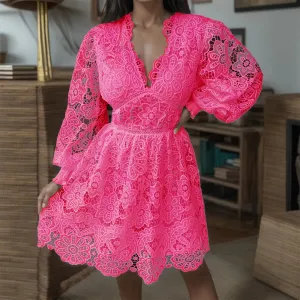 Embroidery Hollow Solid Short-sleeve O-neck Summer Casual Office Ladies Casual Elegant Dress