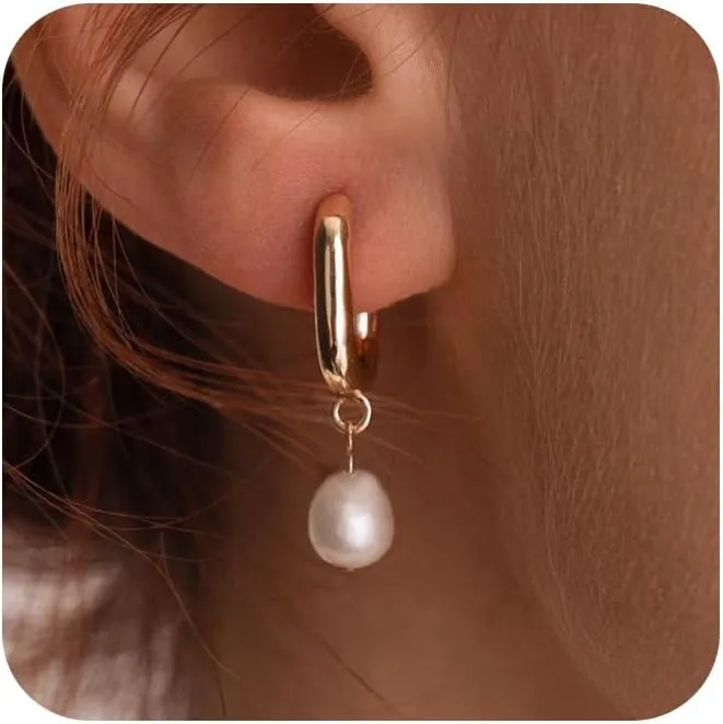 Ewrkbr Pearl Earrings for Women,Dainty 14k Gold Plated Pearl Drop Earrings Cute Gold Pearl Bow Earrings for Women Trendy Gold Pearl Dangle Earrings Charm Gold Jewelry Wedding Earrings for Brides