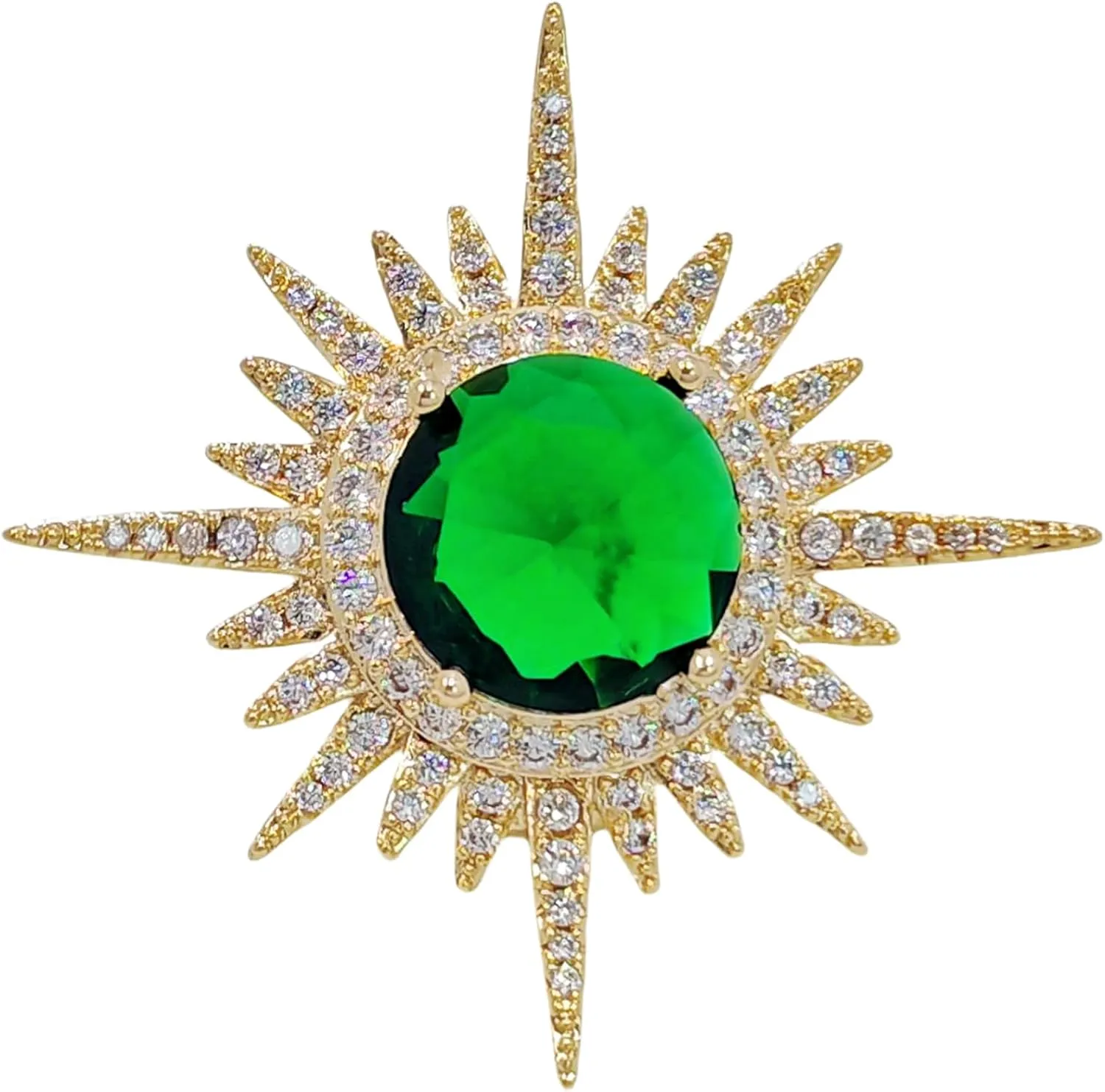 Excellent Gold and Emerald Starburst Pin Brooch Planet Sun Burst Jewelry