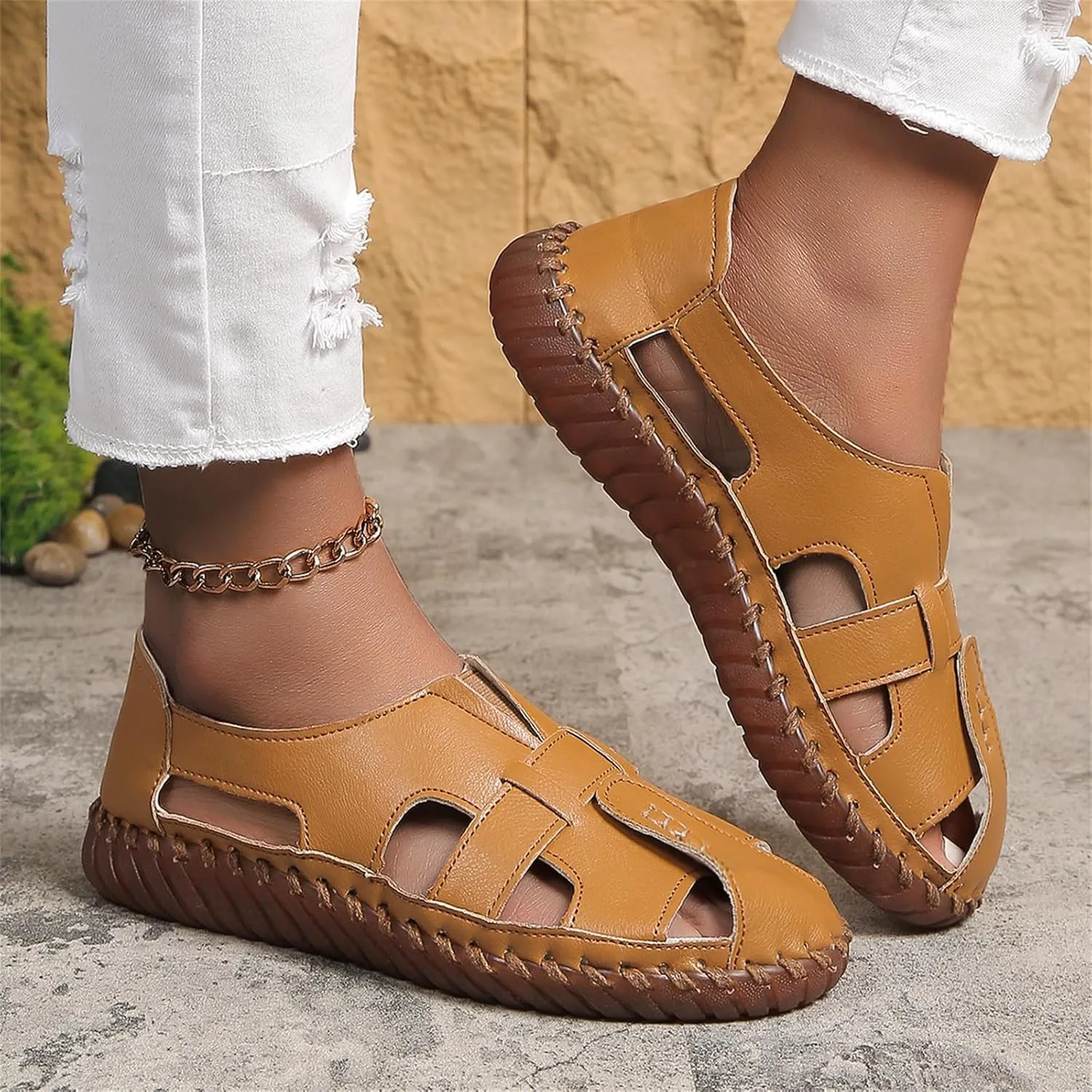 Fisherman Sandals for Women Men Comfort Slip On Flat Sandals Closed Toe Summer Leather Loafters, Hollow Out Breathable Walking Shoes Casual Beach Orthopedic Fisherman Sandal Unisex