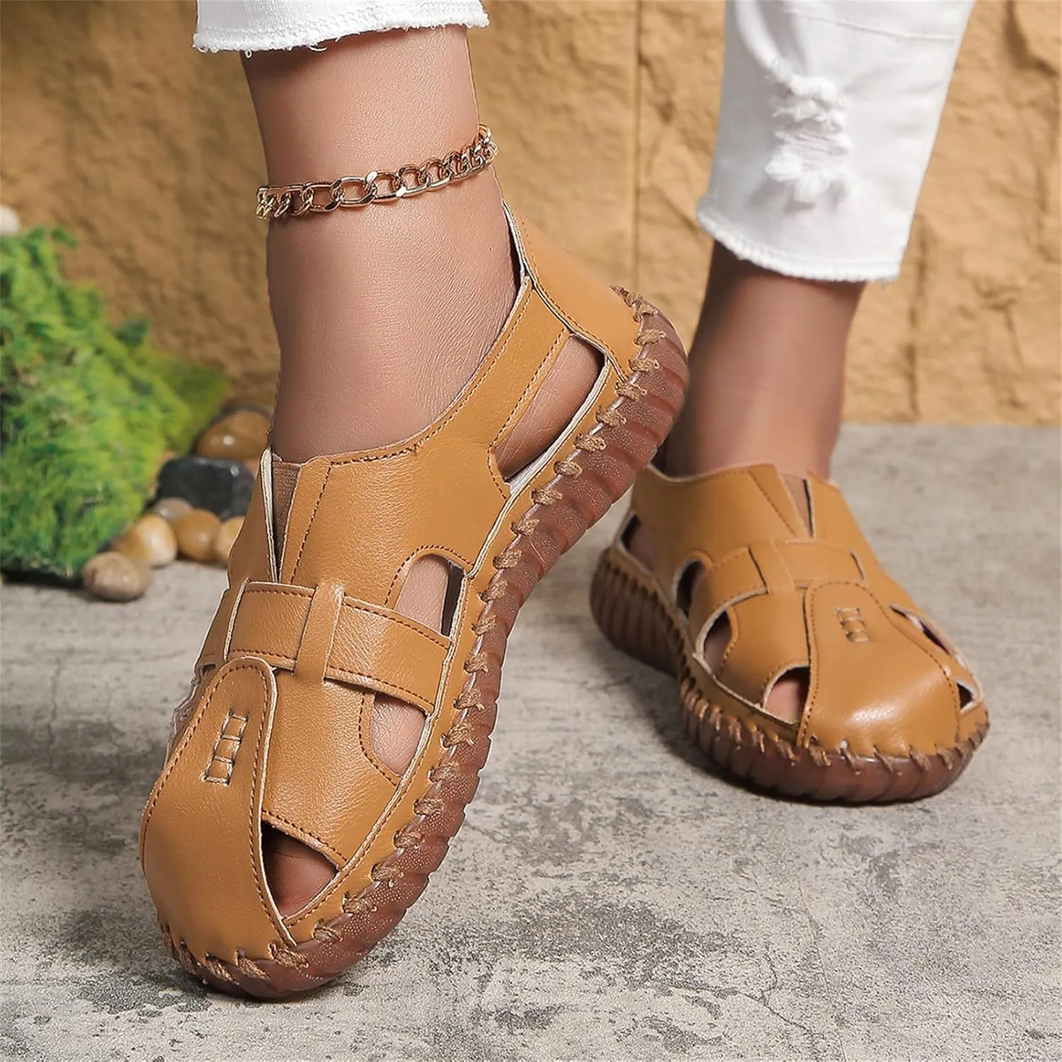 Fisherman Sandals for Women Men Comfort Slip On Flat Sandals Closed Toe Summer Leather Loafters, Hollow Out Breathable Walking Shoes Casual Beach Orthopedic Fisherman Sandal Unisex