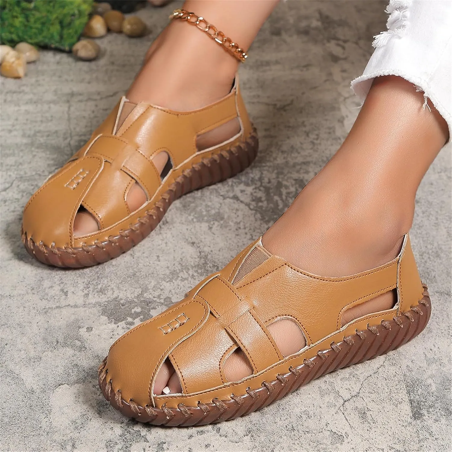 Fisherman Sandals for Women Men Comfort Slip On Flat Sandals Closed Toe Summer Leather Loafters, Hollow Out Breathable Walking Shoes Casual Beach Orthopedic Fisherman Sandal Unisex