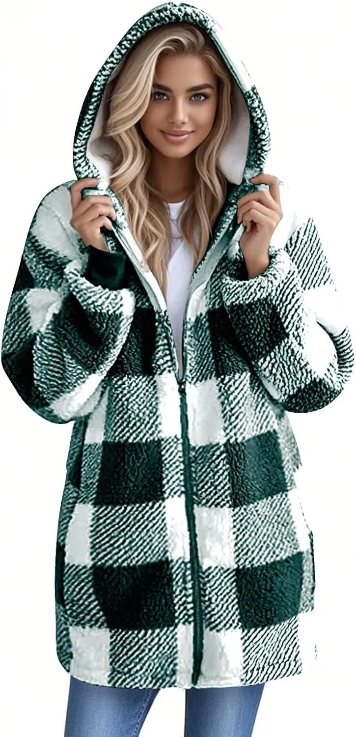 Flannel Plaid Shacket Women Plus Size Zip Up Hooded Jacket Casual Long Sleeve Sherpa Winter Coats with Pocket