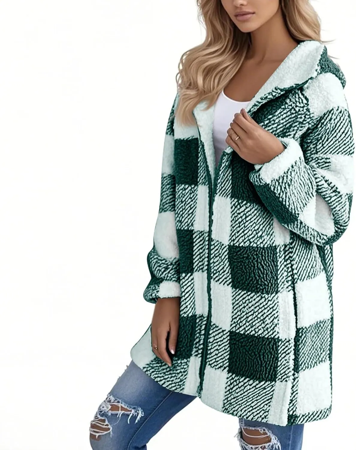 Flannel Plaid Shacket Women Plus Size Zip Up Hooded Jacket Casual Long Sleeve Sherpa Winter Coats with Pocket