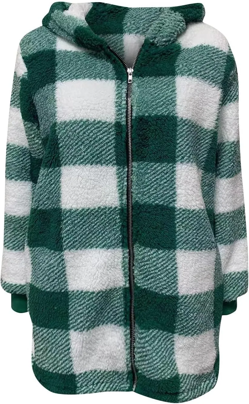 Flannel Plaid Shacket Women Plus Size Zip Up Hooded Jacket Casual Long Sleeve Sherpa Winter Coats with Pocket