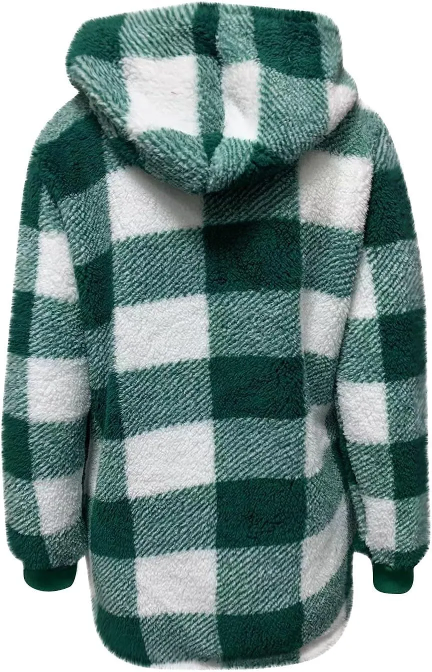 Flannel Plaid Shacket Women Plus Size Zip Up Hooded Jacket Casual Long Sleeve Sherpa Winter Coats with Pocket