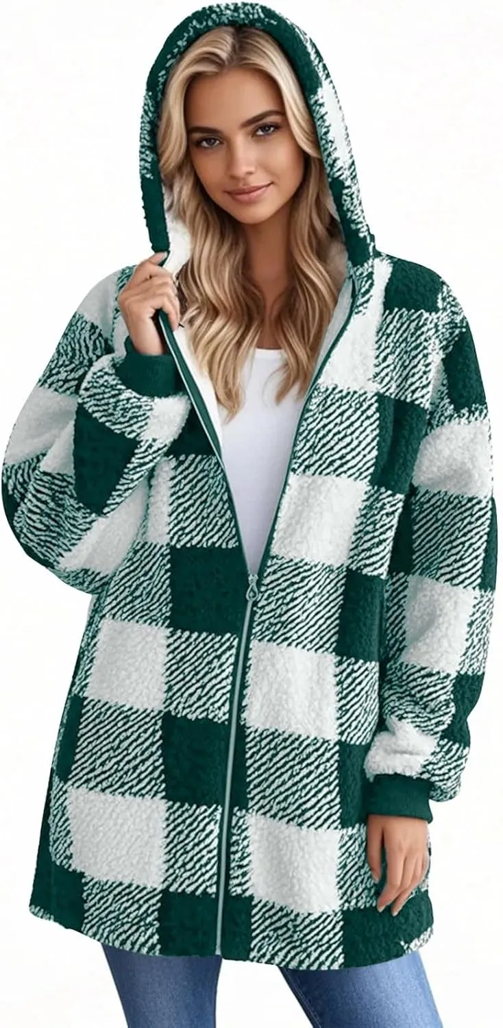 Flannel Plaid Shacket Women Plus Size Zip Up Hooded Jacket Casual Long Sleeve Sherpa Winter Coats with Pocket