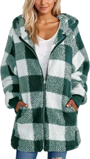 Flannel Plaid Shacket Women Plus Size Zip Up Hooded Jacket Casual Long Sleeve Sherpa Winter Coats with Pocket